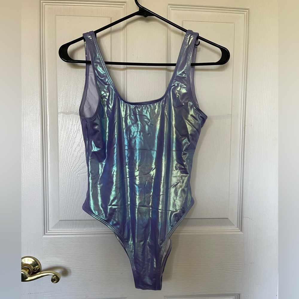 Iridescent one piece high waisted thong swim suit
